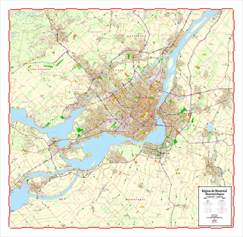 Greater Montreal Wall Map 6' x 6'   / Carte murale du Grand Montréal  6' x 6'