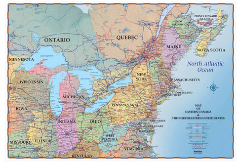 Northeastern USA and Southeastern Canada  48" x 72" Laminated